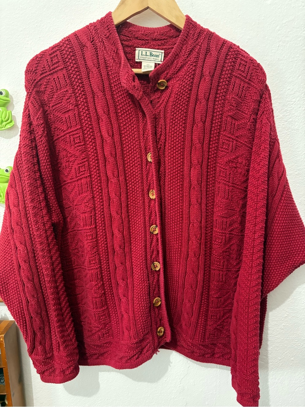 L.L. Bean Women's Red Fisherman Cable Knit Cotton Button-Up Layering Sweater